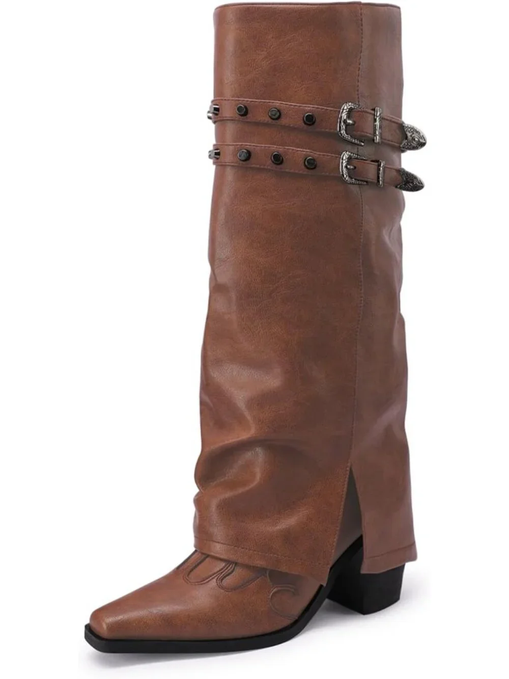 Women's Brown Pointed Toe Block Mid Heel Fold Over Wide Calf Knee High Boots